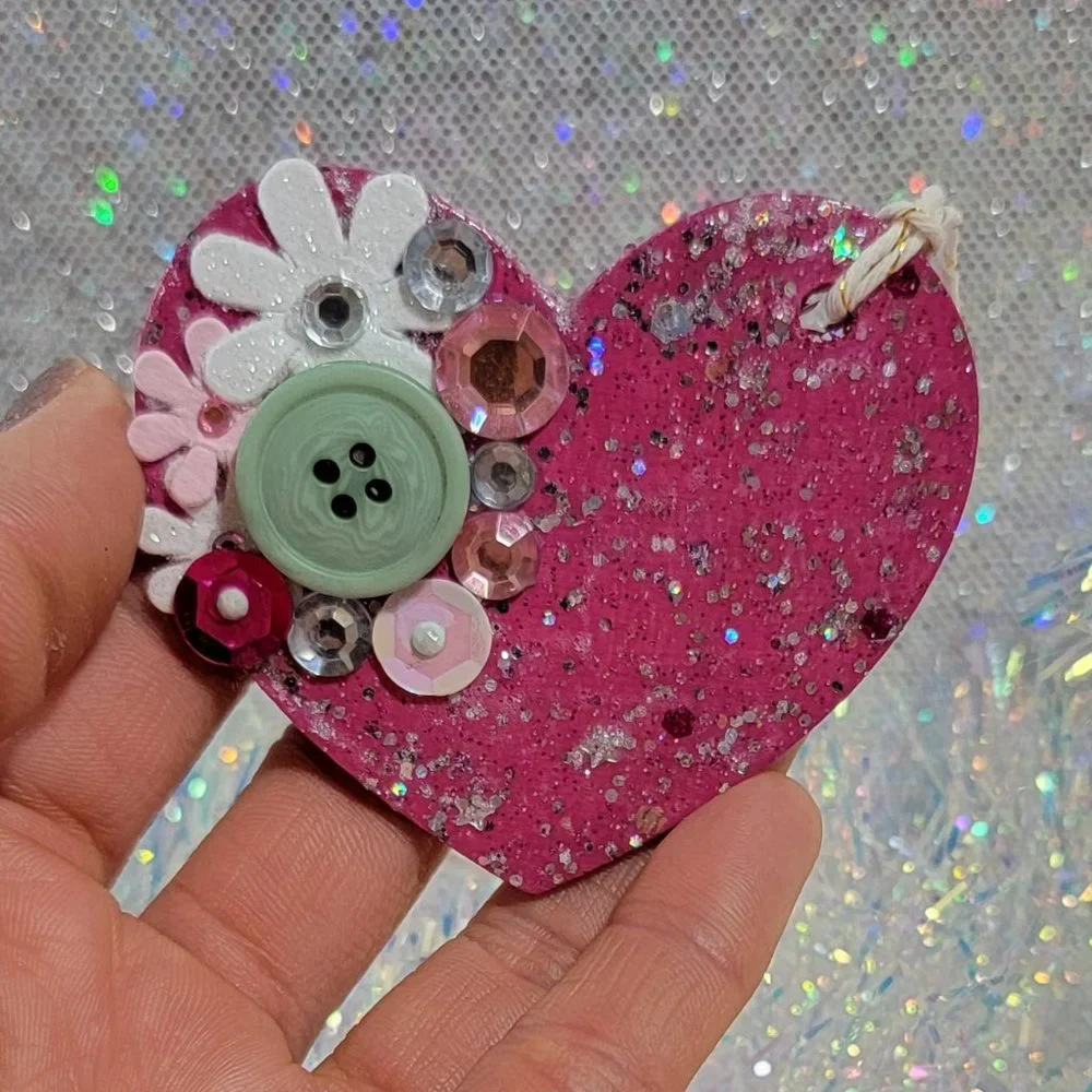 Handmade Pink Glitter Heart Ornament Decor Fuchsia Hanging Gift for Girls
